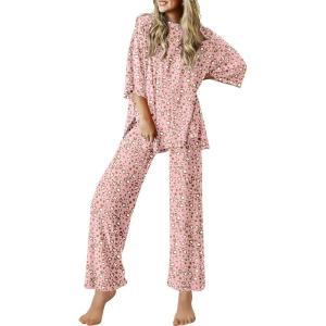 image:imageEkouaer Lounge Sets for Women Short Sleeve Tops and Long Pants Soft Comfy Pajamas Set 2 Piece OutfitsPink Leopard