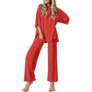image:imageEkouaer Lounge Sets for Women Short Sleeve Tops and Long Pants Soft Comfy Pajamas Set 2 Piece OutfitsRed
