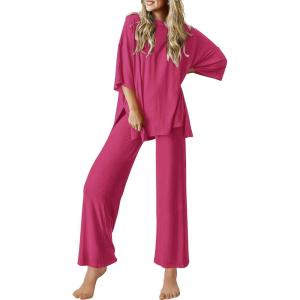 image:imageEkouaer Lounge Sets for Women Short Sleeve Tops and Long Pants Soft Comfy Pajamas Set 2 Piece OutfitsRose Red