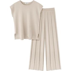 image:imageEkouaer Lounge Sets for Women Two Piece Outfits Knit Cap Sleeve Tops Wide Leg Pleated Pants Casual Dressy Sweater SetsBeige