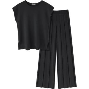 image:imageEkouaer Lounge Sets for Women Two Piece Outfits Knit Cap Sleeve Tops Wide Leg Pleated Pants Casual Dressy Sweater SetsBlack