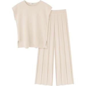 image:imageEkouaer Lounge Sets for Women Two Piece Outfits Knit Cap Sleeve Tops Wide Leg Pleated Pants Casual Dressy Sweater SetsCream