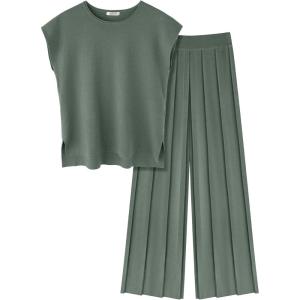 image:imageEkouaer Lounge Sets for Women Two Piece Outfits Knit Cap Sleeve Tops Wide Leg Pleated Pants Casual Dressy Sweater SetsGray Green