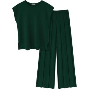 image:imageEkouaer Lounge Sets for Women Two Piece Outfits Knit Cap Sleeve Tops Wide Leg Pleated Pants Casual Dressy Sweater SetsGreen