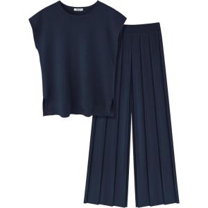 image:imageEkouaer Lounge Sets for Women Two Piece Outfits Knit Cap Sleeve Tops Wide Leg Pleated Pants Casual Dressy Sweater SetsNavy Blue