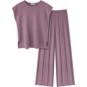 image:imageEkouaer Lounge Sets for Women Two Piece Outfits Knit Cap Sleeve Tops Wide Leg Pleated Pants Casual Dressy Sweater SetsPurple