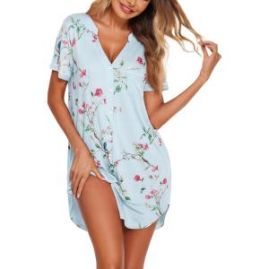 image:imageEkouaer Nightgowns for Women Button Down Night Gowns Short Sleeve Sleep Shirt V Neck Nightshirt Soft Sleepwear Pajams DressBlue Floral