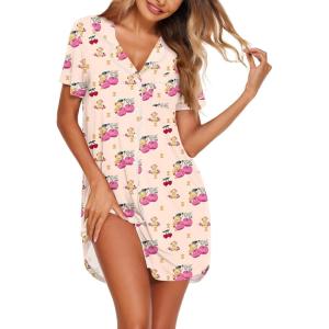 image:imageEkouaer Nightgowns for Women Button Down Sleepshirt Short Sleeve Nightshirt Boyfriend Pajamas V Neck Nightdress SXXXLTeddy  Cherry