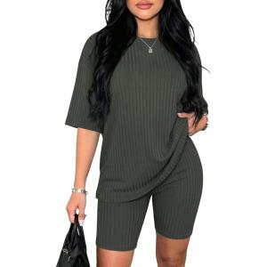 image:imageEkouaer Pajamas 2 Piece Lounge Sets Ribbed Knit Matching Outfits Tshirt Biker Shorts Sleepwear Loungewear SweatsuitsArmy Green
