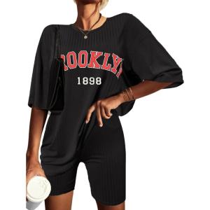 image:imageEkouaer Pajamas 2 Piece Lounge Sets Ribbed Knit Matching Outfits Tshirt Biker Shorts Sleepwear Loungewear SweatsuitsBlack Print