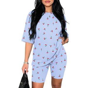 image:imageEkouaer Pajamas 2 Piece Lounge Sets Ribbed Knit Matching Outfits Tshirt Biker Shorts Sleepwear Loungewear SweatsuitsBlue Cherry