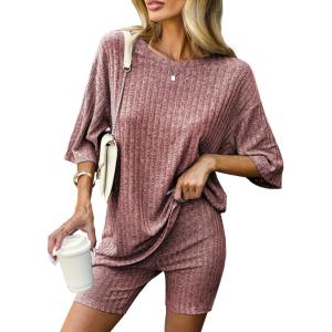 image:imageEkouaer Pajamas 2 Piece Lounge Sets Ribbed Knit Matching Outfits Tshirt Biker Shorts Sleepwear Loungewear SweatsuitsBurgundy