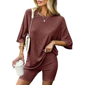 image:imageEkouaer Pajamas 2 Piece Lounge Sets Ribbed Knit Matching Outfits Tshirt Biker Shorts Sleepwear Loungewear SweatsuitsCaramel