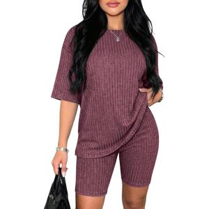 image:imageEkouaer Pajamas 2 Piece Lounge Sets Ribbed Knit Matching Outfits Tshirt Biker Shorts Sleepwear Loungewear SweatsuitsDark Red