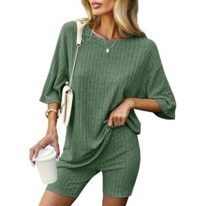 image:imageEkouaer Pajamas 2 Piece Lounge Sets Ribbed Knit Matching Outfits Tshirt Biker Shorts Sleepwear Loungewear SweatsuitsDeep Army Green
