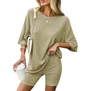 image:imageEkouaer Pajamas 2 Piece Lounge Sets Ribbed Knit Matching Outfits Tshirt Biker Shorts Sleepwear Loungewear SweatsuitsGray Green