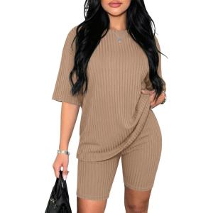 image:imageEkouaer Pajamas 2 Piece Lounge Sets Ribbed Knit Matching Outfits Tshirt Biker Shorts Sleepwear Loungewear SweatsuitsKhaki