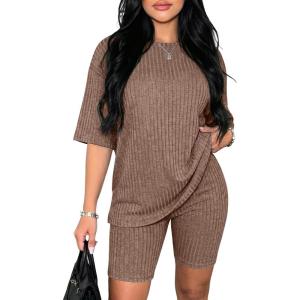image:imageEkouaer Pajamas 2 Piece Lounge Sets Ribbed Knit Matching Outfits Tshirt Biker Shorts Sleepwear Loungewear SweatsuitsLight Brown
