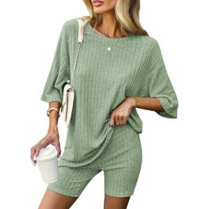 image:imageEkouaer Pajamas 2 Piece Lounge Sets Ribbed Knit Matching Outfits Tshirt Biker Shorts Sleepwear Loungewear SweatsuitsLight Green