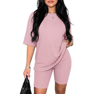 image:imageEkouaer Pajamas 2 Piece Lounge Sets Ribbed Knit Matching Outfits Tshirt Biker Shorts Sleepwear Loungewear SweatsuitsPink