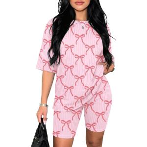 image:imageEkouaer Pajamas 2 Piece Lounge Sets Ribbed Knit Matching Outfits Tshirt Biker Shorts Sleepwear Loungewear SweatsuitsPink Bow