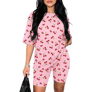 image:imageEkouaer Pajamas 2 Piece Lounge Sets Ribbed Knit Matching Outfits Tshirt Biker Shorts Sleepwear Loungewear SweatsuitsPink Cherry