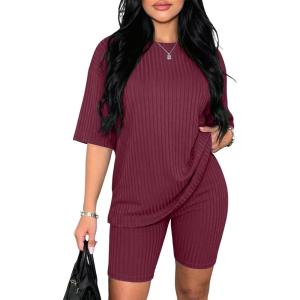 image:imageEkouaer Pajamas 2 Piece Lounge Sets Ribbed Knit Matching Outfits Tshirt Biker Shorts Sleepwear Loungewear SweatsuitsWine Red