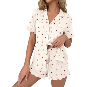 image:imageEkouaer Pajamas Set for Women Button Down Pjs Lounge Sets Ruffle Short Sleeve Sleepwear Cute LoungewearBeige Cherry