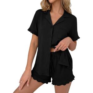 image:imageEkouaer Pajamas Set for Women Button Down Pjs Lounge Sets Ruffle Short Sleeve Sleepwear Cute LoungewearBlack