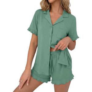 image:imageEkouaer Pajamas Set for Women Button Down Pjs Lounge Sets Ruffle Short Sleeve Sleepwear Cute LoungewearGray Green