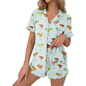 image:imageEkouaer Pajamas Set for Women Button Down Pjs Lounge Sets Ruffle Short Sleeve Sleepwear Cute LoungewearGreen Cocktail Glass