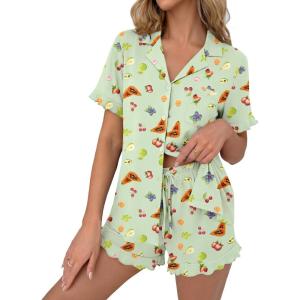 image:imageEkouaer Pajamas Set for Women Button Down Pjs Lounge Sets Ruffle Short Sleeve Sleepwear Cute LoungewearGreen Fruits