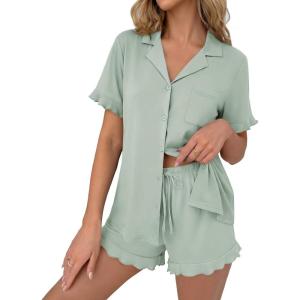 image:imageEkouaer Pajamas Set for Women Button Down Pjs Lounge Sets Ruffle Short Sleeve Sleepwear Cute LoungewearLight Green