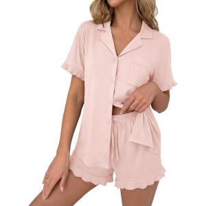 image:imageEkouaer Pajamas Set for Women Button Down Pjs Lounge Sets Ruffle Short Sleeve Sleepwear Cute LoungewearPink