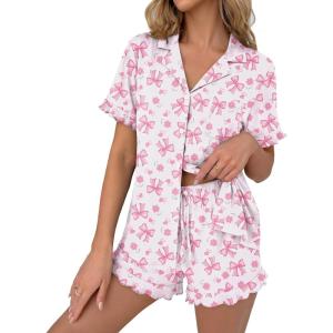 image:imageEkouaer Pajamas Set for Women Button Down Pjs Lounge Sets Ruffle Short Sleeve Sleepwear Cute LoungewearPink Bow