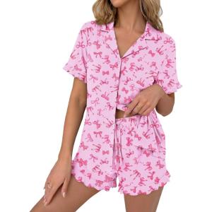 image:imageEkouaer Pajamas Set for Women Button Down Pjs Lounge Sets Ruffle Short Sleeve Sleepwear Cute LoungewearPink With Pink Bow