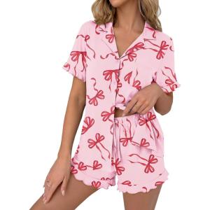 image:imageEkouaer Pajamas Set for Women Button Down Pjs Lounge Sets Ruffle Short Sleeve Sleepwear Cute LoungewearPink With Red Bow