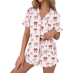image:imageEkouaer Pajamas Set for Women Button Down Pjs Lounge Sets Ruffle Short Sleeve Sleepwear Cute LoungewearWhite With Red Bow