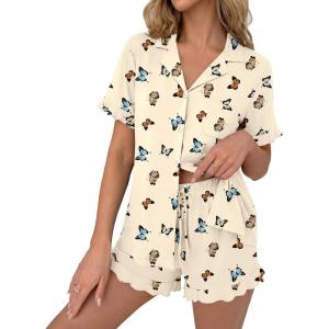 image:imageEkouaer Pajamas Set for Women Button Down Pjs Lounge Sets Ruffle Short Sleeve Sleepwear Cute LoungewearYellow Butterfly