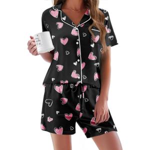 image:imageEkouaer Pajamas Set for Women Short Sleeve Sleepwear Button Down Pjs Soft 2 Piece Lounge Sets XSXXXLBlack With Pink Hearts