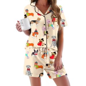 image:imageEkouaer Pajamas Set for Women Short Sleeve Sleepwear Button Down Pjs Soft 2 Piece Lounge Sets XSXXXLChampagne Dog Print