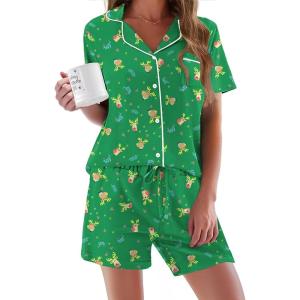 image:imageEkouaer Pajamas Set for Women Short Sleeve Sleepwear Button Down Pjs Soft 2 Piece Lounge Sets XSXXXLGreen Christmas Deer