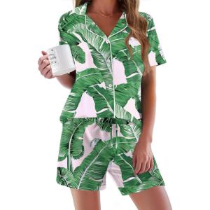 image:imageEkouaer Pajamas Set for Women Short Sleeve Sleepwear Button Down Pjs Soft 2 Piece Lounge Sets XSXXXLPink Leaves