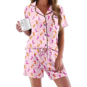 image:imageEkouaer Pajamas Set for Women Short Sleeve Sleepwear Button Down Pjs Soft 2 Piece Lounge Sets XSXXXLPink With Boot Print