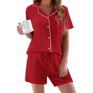image:imageEkouaer Pajamas Set for Women Short Sleeve Sleepwear Button Down Pjs Soft 2 Piece Lounge Sets XSXXXLRed
