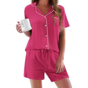 image:imageEkouaer Pajamas Set for Women Short Sleeve Sleepwear Button Down Pjs Soft 2 Piece Lounge Sets XSXXXLRose Red