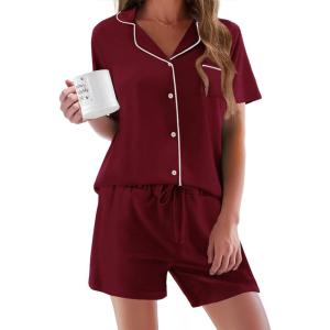 image:imageEkouaer Pajamas Set for Women Short Sleeve Sleepwear Button Down Pjs Soft 2 Piece Lounge Sets XSXXXLWine Red