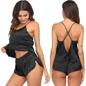 image:imageEkouaer Silk Pajamas Set for Women Satin Backless Lingerie Pjs Cami Top and Shorts NightwearBlack