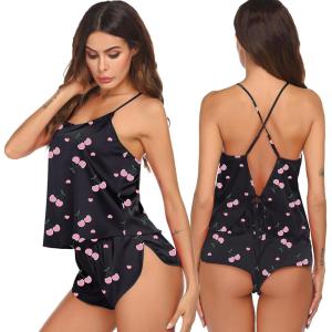 image:imageEkouaer Silk Pajamas Set for Women Satin Backless Lingerie Pjs Cami Top and Shorts NightwearBlack Cherry Print