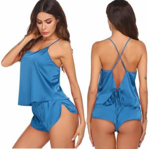 image:imageEkouaer Silk Pajamas Set for Women Satin Backless Lingerie Pjs Cami Top and Shorts NightwearBlue